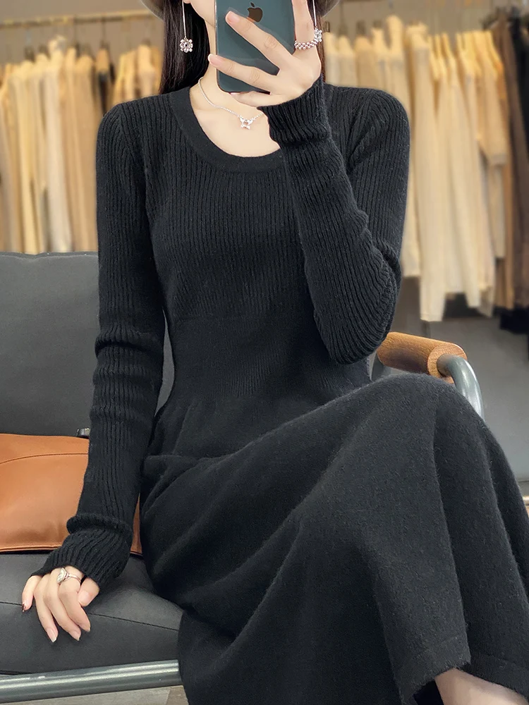 Autumn New 100% Wool Knitted Dress Women U-Collar Over Knee Hip Long Skirt Fashion Slim Sweater Loose High-Waisted A-line Skirts