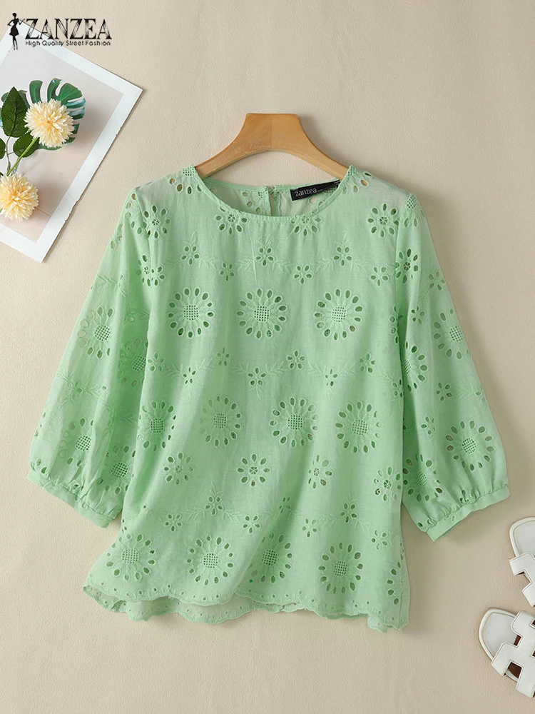 ZANZEA Women Openwork Embroidered Blouses 2025 Summer Solid O Neck Scalloped Hem Smock Tops Trendy 3/4 Puff Sleeve Blusas Mujer