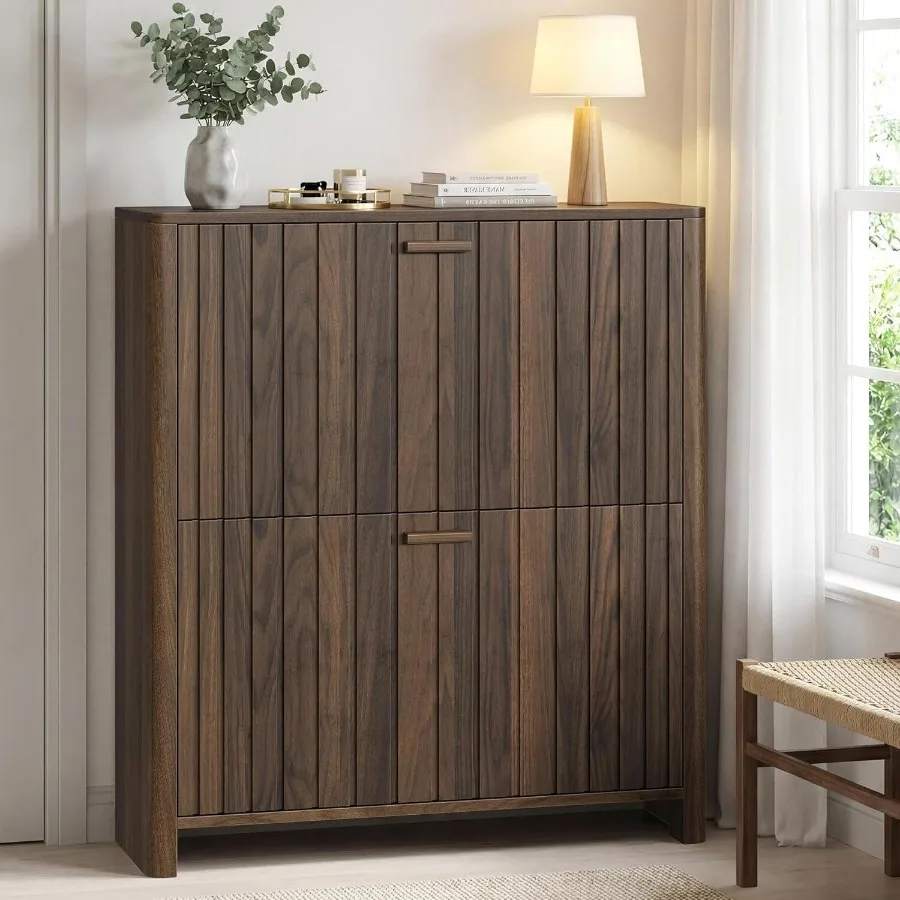 Shoe Cabinet with 2 Flip Drawers, 31.5 Inch Narrow Fluted Shoe Organizer with Gradient Wood Strips Door for Entryway Hallway, L