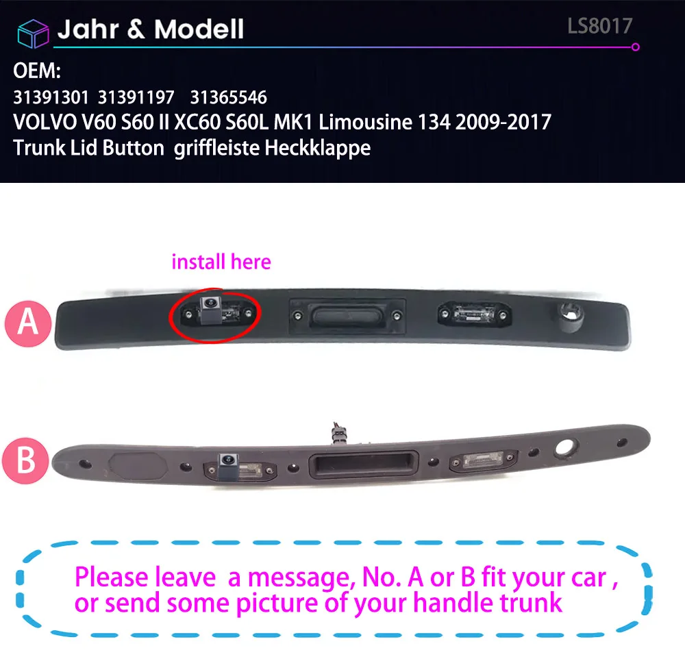 tailgate handle HD car rear view Backup camera For VOLVO V60 S60 II XC60 S60L MK1 Limousine 134 2009-2017