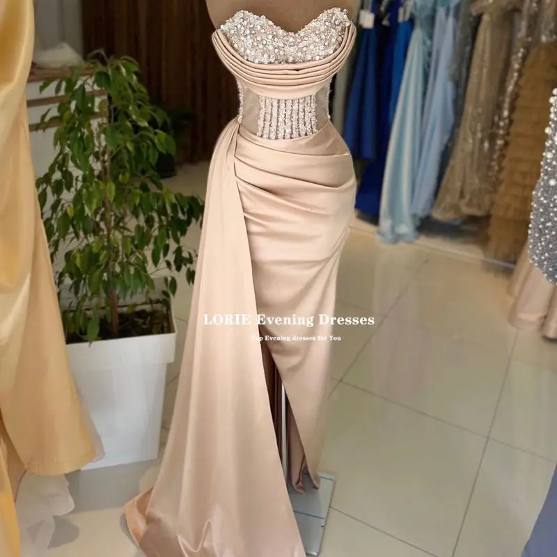 LORIE Mermaid Satin Evening Dress Long Sweetheart Crystals Applique Prom Party Gowns Split Pleated Formal Dress Robe De soirée