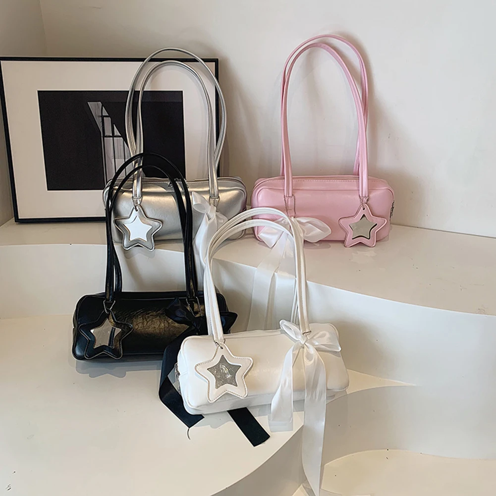 

Women Fashion Shoulder Purse with Star Pendant Y2K Underarm Bag Solid Color Bow Underarm Handbag Girls Outdoor Daily Bag