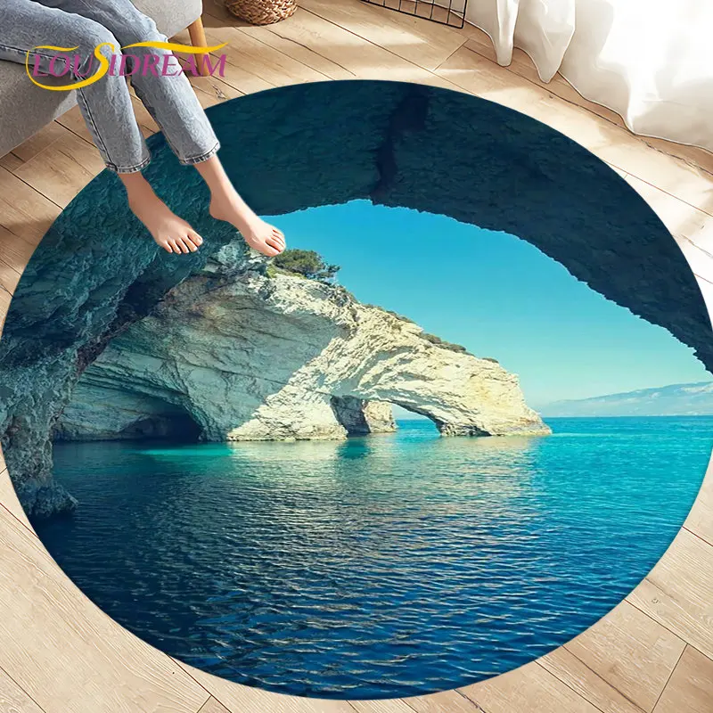 Cobblestone Beach Sand Ocean View Area Rug,Round Carpet Rug for Living Room Bedroom Chair Decoration Soft Anti-slip Floor Mat