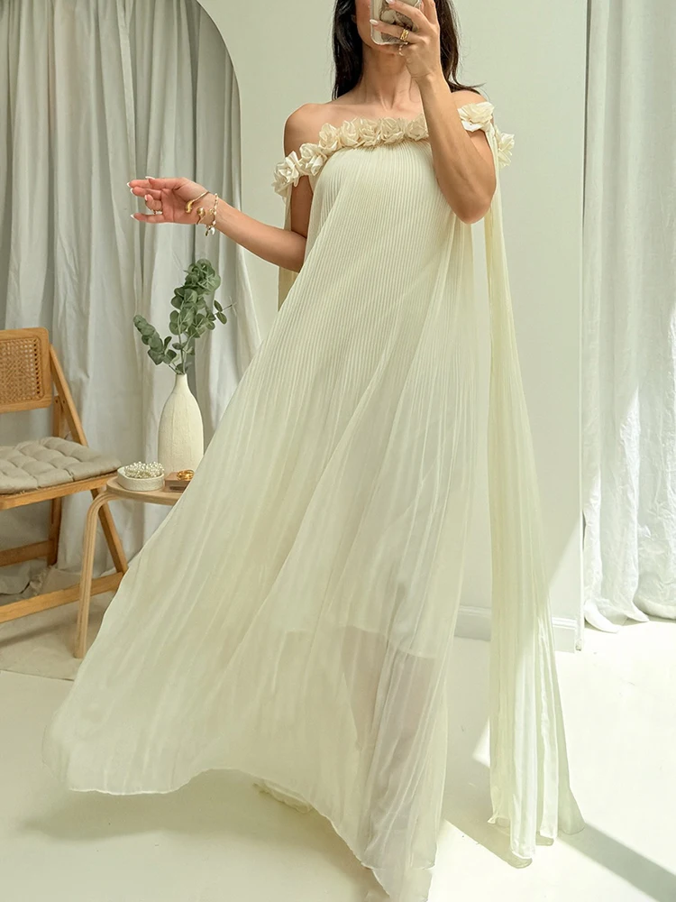 

New 3D Flowers Splicing Long Dresses Spring Women Ribbon Design Slash Neck Dress Summer High Waist Sleeveless Ankle Length Dress