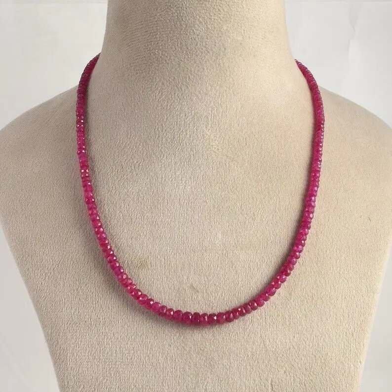 Natural Red Ruby Round Faceted Beaded Necklace (4-2mm)