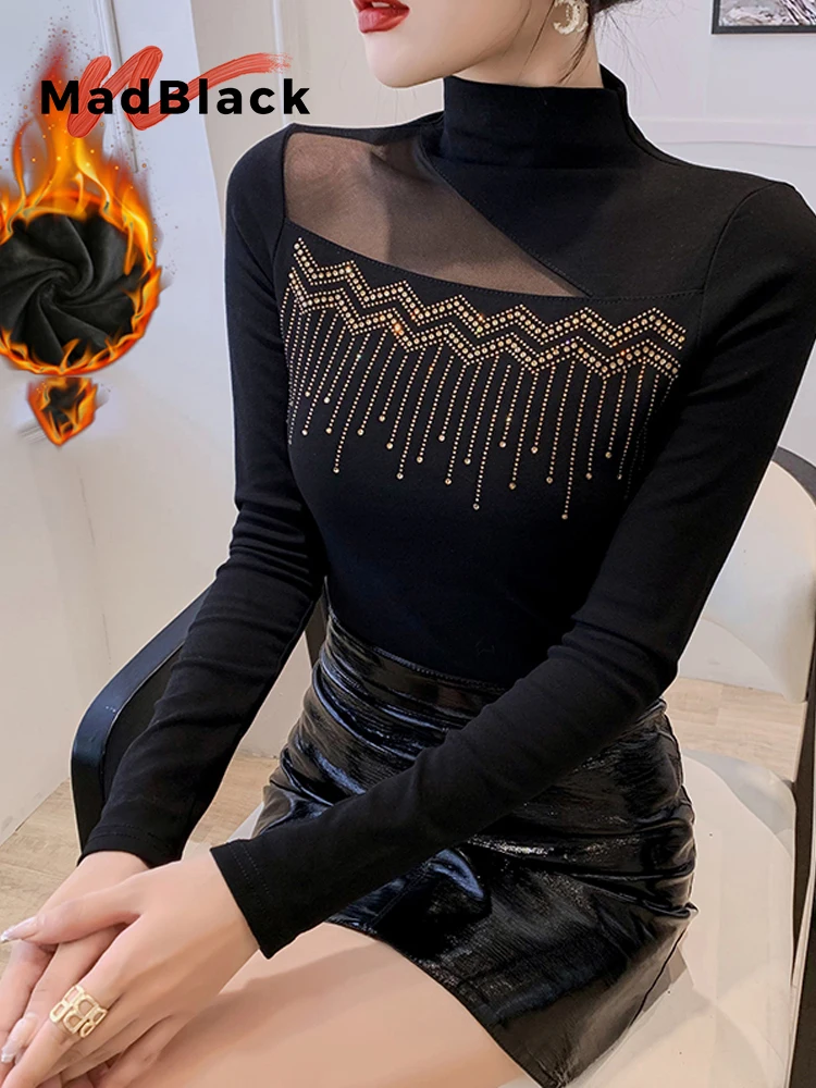 MadBlack-Women's European Fleece T-Shirt, Sexy Mock Neck Diamond, Streetwear Long Sleeve Slim M-3XL Tee, 2025 Autumn T5N104CC