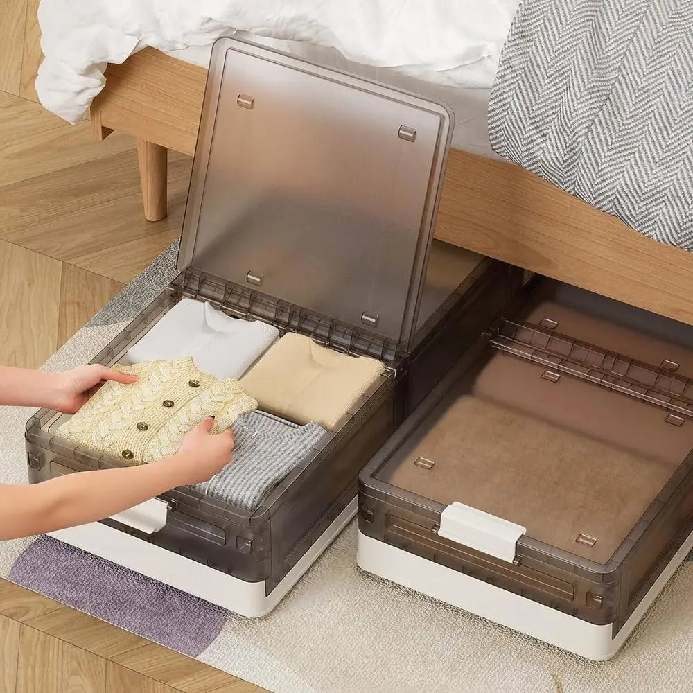 Pojemniki plastikowe do przechowywania pod łóżkiem, z możliwością układania w stos, o pojemności 43,5 litra, z kółkami, na ubrania, buty i pościel.