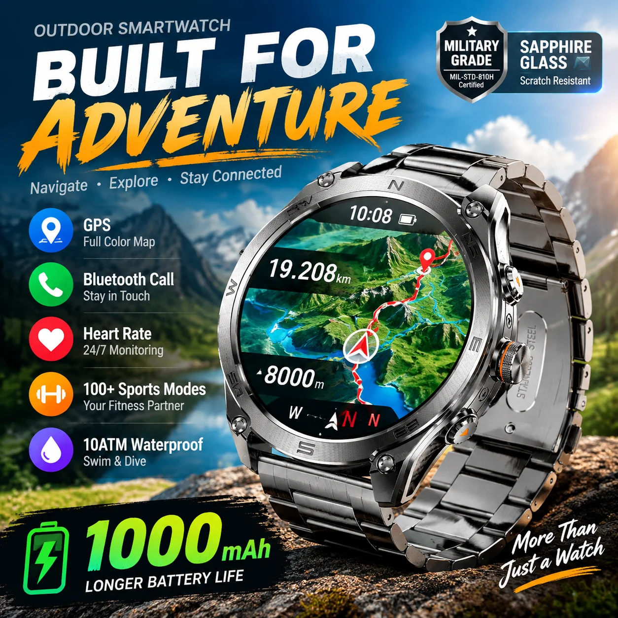 2026 Outdoors Military GPS Smart Watch 1.75” Screen 1000mAh Battery 10ATM Waterproof LED Flashlight Compass HD Call Sport Watch