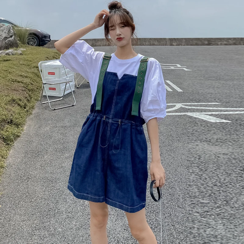 Faionable Wide Leg Denim Overalls Women's Summer New Loose Casual Pants High Waist Korean Sle  Color ket Design