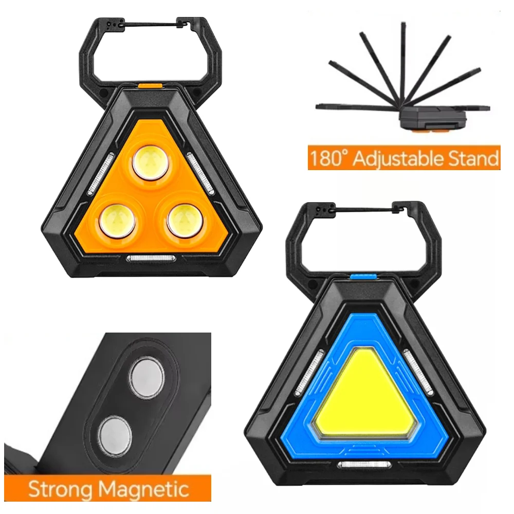 Portable Triangular Magnetic COB Work Light with 180° Adjustable Stand Red Blue Warning Light for Maintenance Outdoor Camping