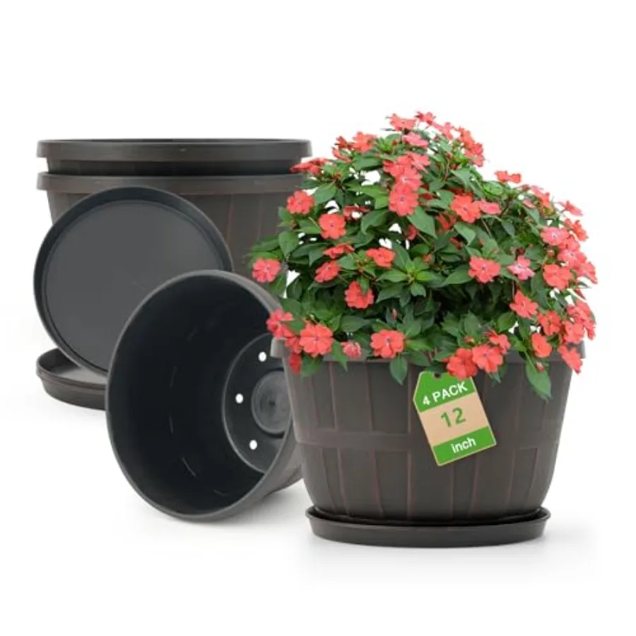 

12 Inch Large Planter Pot for Plants Indoor Outdoor, 4 Pack Plastic Flower Pots with Drainage Hole and Tray, Modern Decorative