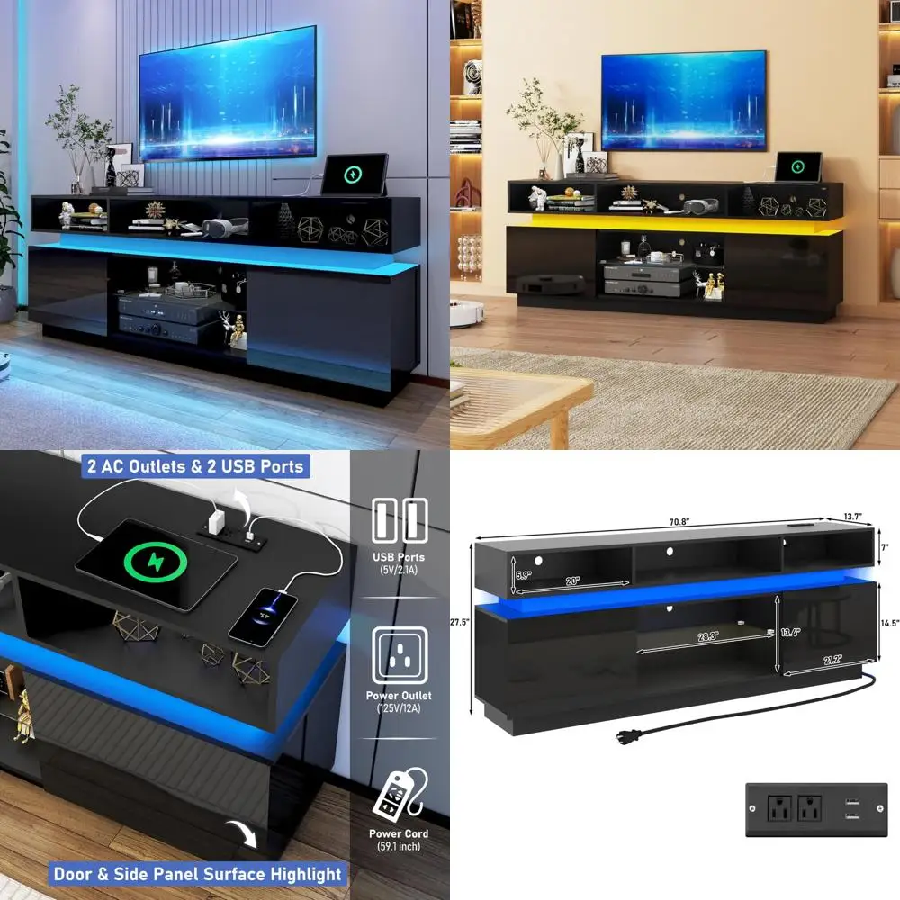 contemporary tall tv stand for 80-inch tvs with integrated power outlets and high gloss finish for gaming media consoles