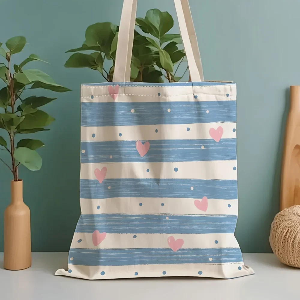 Sweet Heart Canvas Shopping Bag Blue Stripe Polka Dot Print Portable Tote Bag For Outings & Gifting