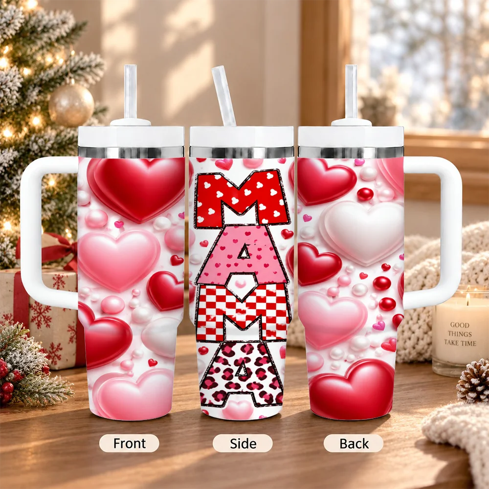 Mama Valentine Vacuum Flasks 40oz Insulated Stainless Steel Tumbler with Handle & Straw, Hot Cold Gift Cup