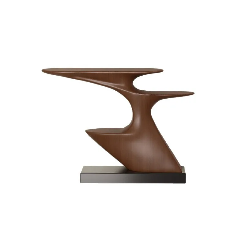 

The solid wood entrance table is against the wall and ends the viewing platform