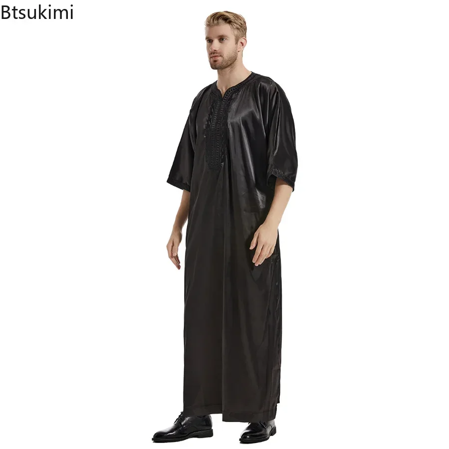 Eid Muslim Men Jubba Thobe Fashion Satin Embroidery Dress Kimono Robe Saudi Musulman Abaya Caftan Dubai Arabic Islamic Clothing