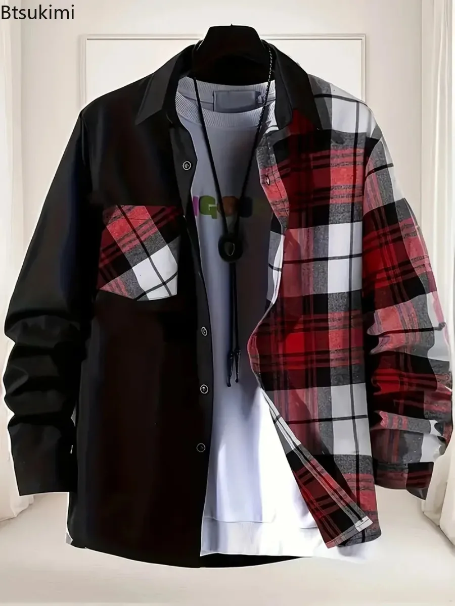 New Men's Spring Autumn Casual Long Sleeve Shirt Fashion Patchwork Plaid Design Single-breasted Shirt Coats Comfortable Cardigan