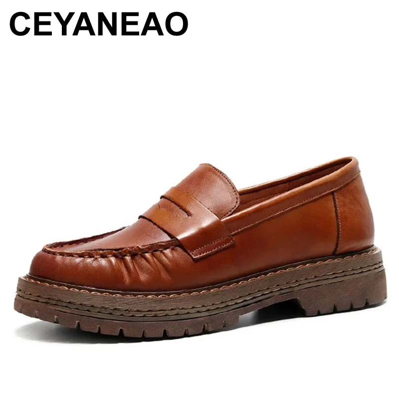 

CEYANEAO Retro Pumps Women Shoes 2021 New Spring/Autumn Genuine Leather Platform Heels Round Toe Sewing Handmade Ladies Shoes