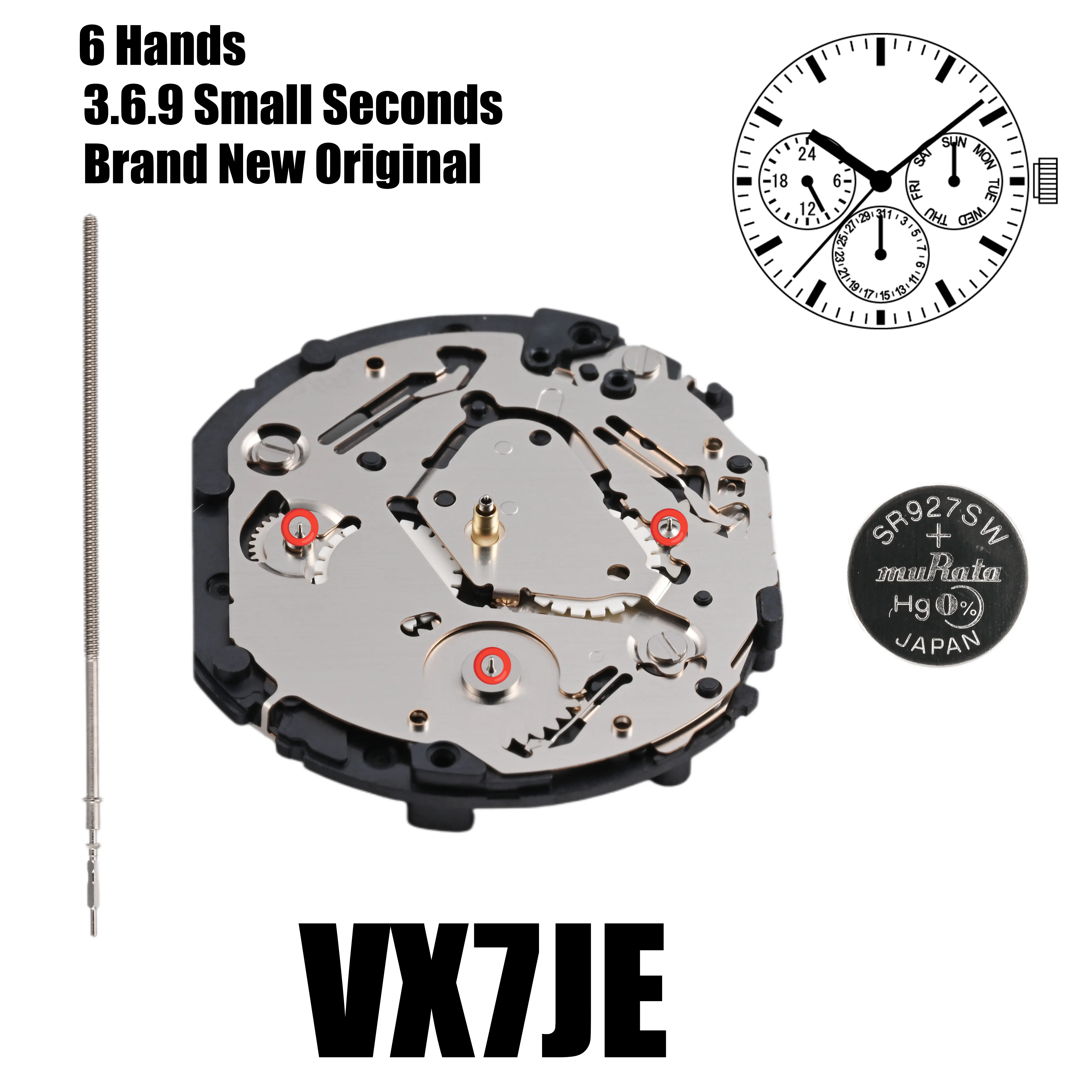 حركة VX7J حركة VX7JE سلسلة VX7 حركة كوارتز 3.6.9 ثانية صغيرة الحجم: 12 3/4 بوصة ستة عقارب يوم/تاريخ/24 ساعة