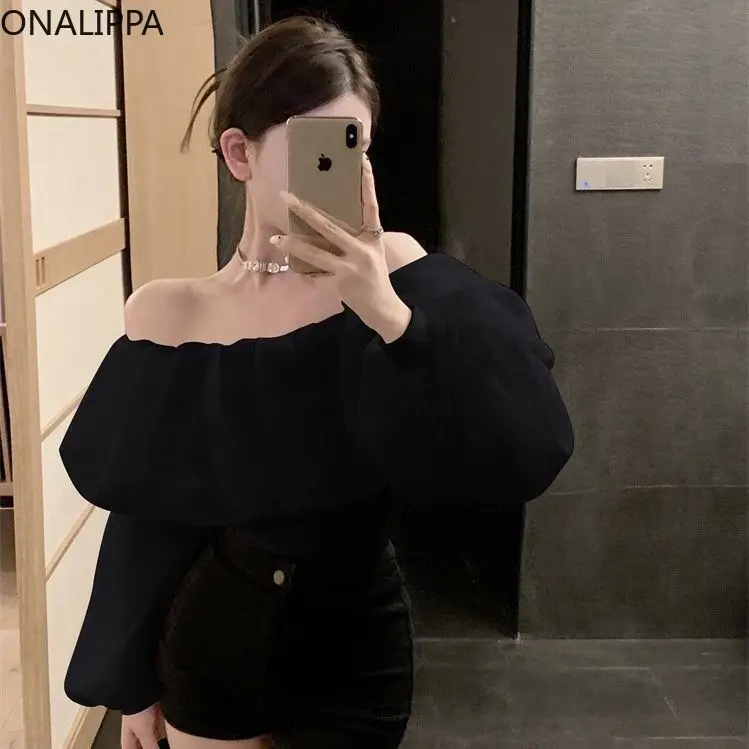 Onalippa Ruffles Lantern Sleeves Blouse Women Off-shoulder Slash Neck Knitted Elastic Shirts French Style Solid Color Pullover