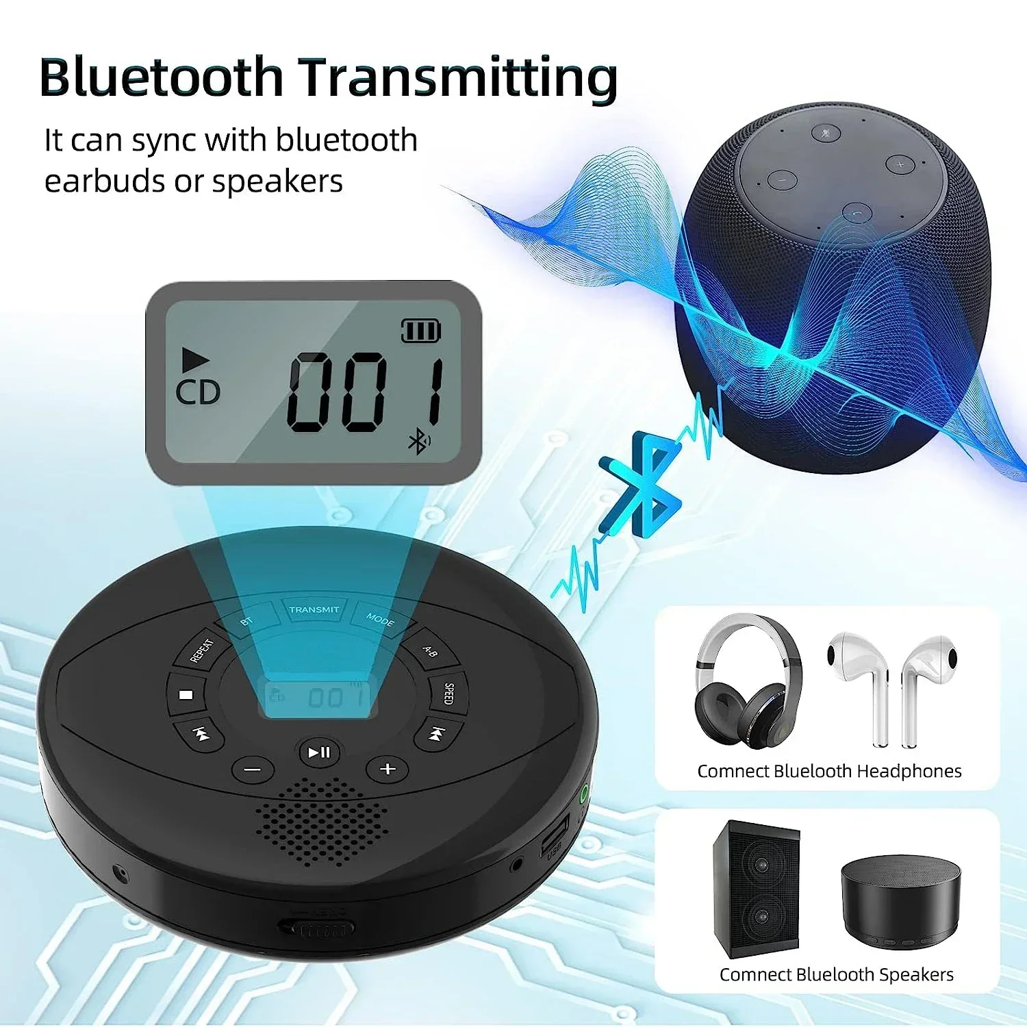 Leitor de CD com leitor de CD portátil Bluetooth USB / AUX / porta de fone de ouvido Walkman alto-falantes embutidos recarregáveis