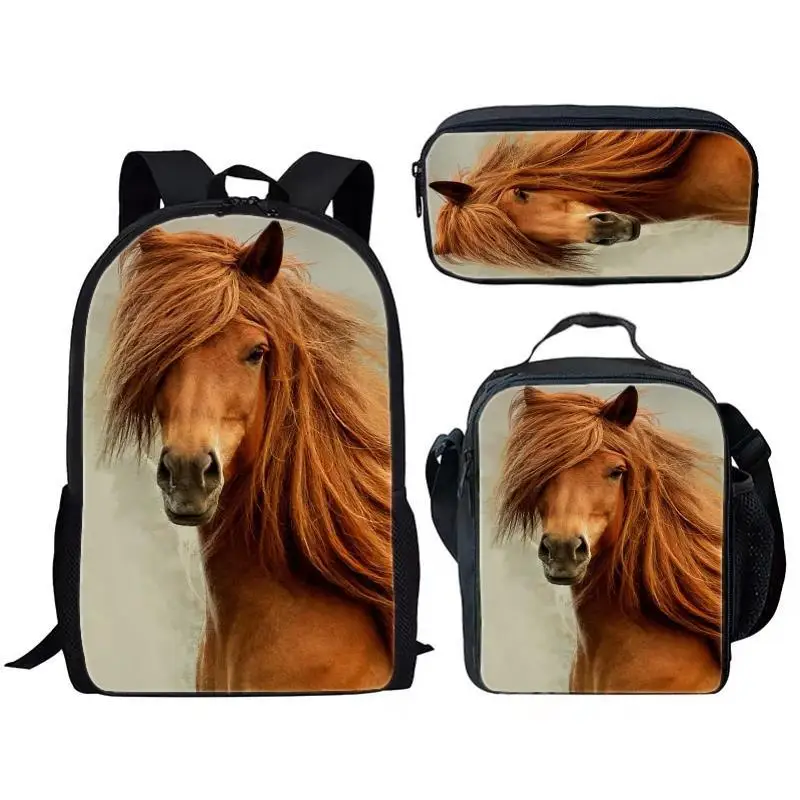 Tier, Pferd, dreiteiliges Set für Kinder und Jugendliche, Rucksack mit großem Fassungsvermögen, Essenspackung, Stifttasche