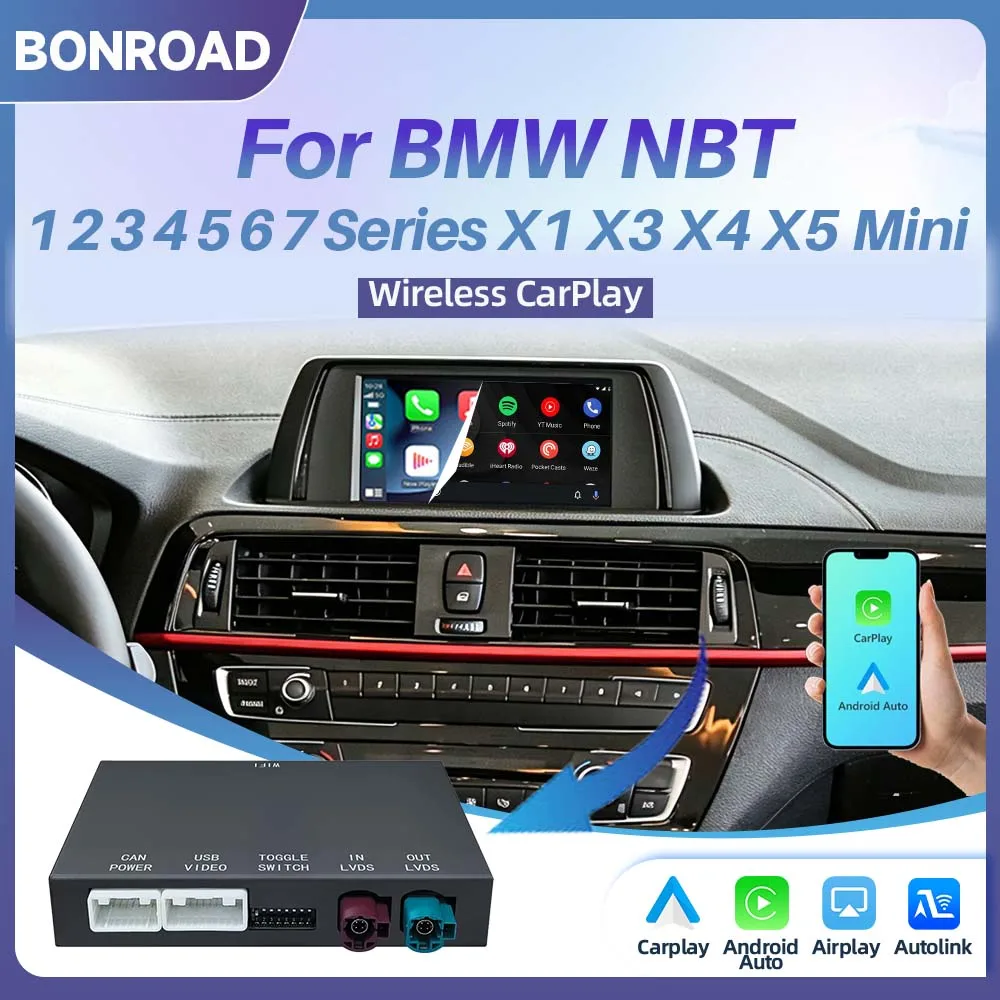 Moduł BONROAD Wireless CarPlay Android Auto do BMW NBT serii 1 2 3 4 5 6 7 X1 X3 X4 X5 X6 MINI F20 F21 F30 F31 F34 F32 F33 F36 F10 z funkcją Bluetooth Mirrorlink i nawigacją