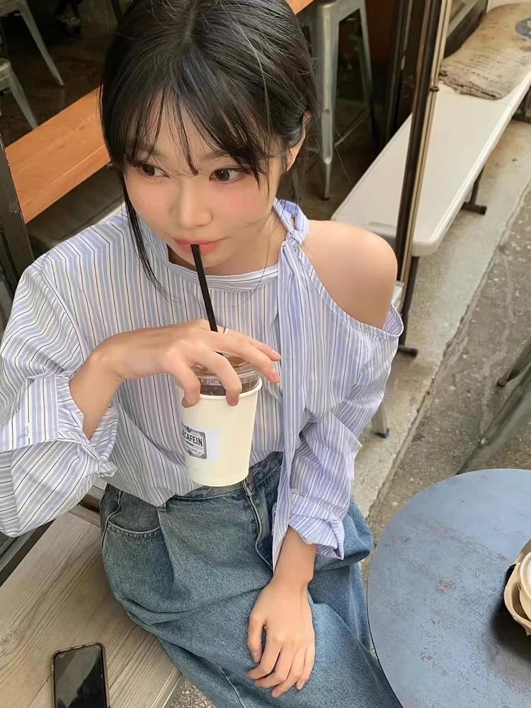 Chic Frühling Herbst Design Stehkragen aushöhlen oulder Krawatte Lose Beiläufige Lange Sve Vertikale Streifen frauen irt