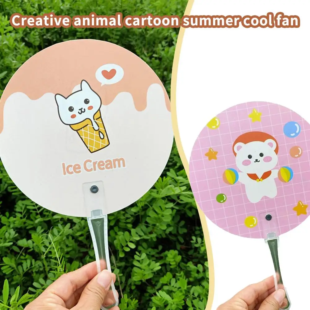 Cartoon Animal Plastic Fan Summer Handheld Round Shape Anime Print Hand Crank Fan For Wedding Party Gift B0V8