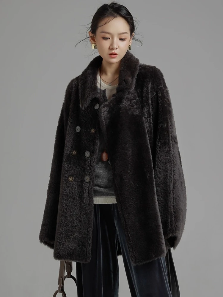 เสื้อโค้ทขนแกะเมอริโนแท้สุดหรูสำหรับผู้หญิง สไตล์วินเทจเรียบง่าย กระดุมสองแถว สำหรับฤดูหนาว พร้อมเข็มขัด