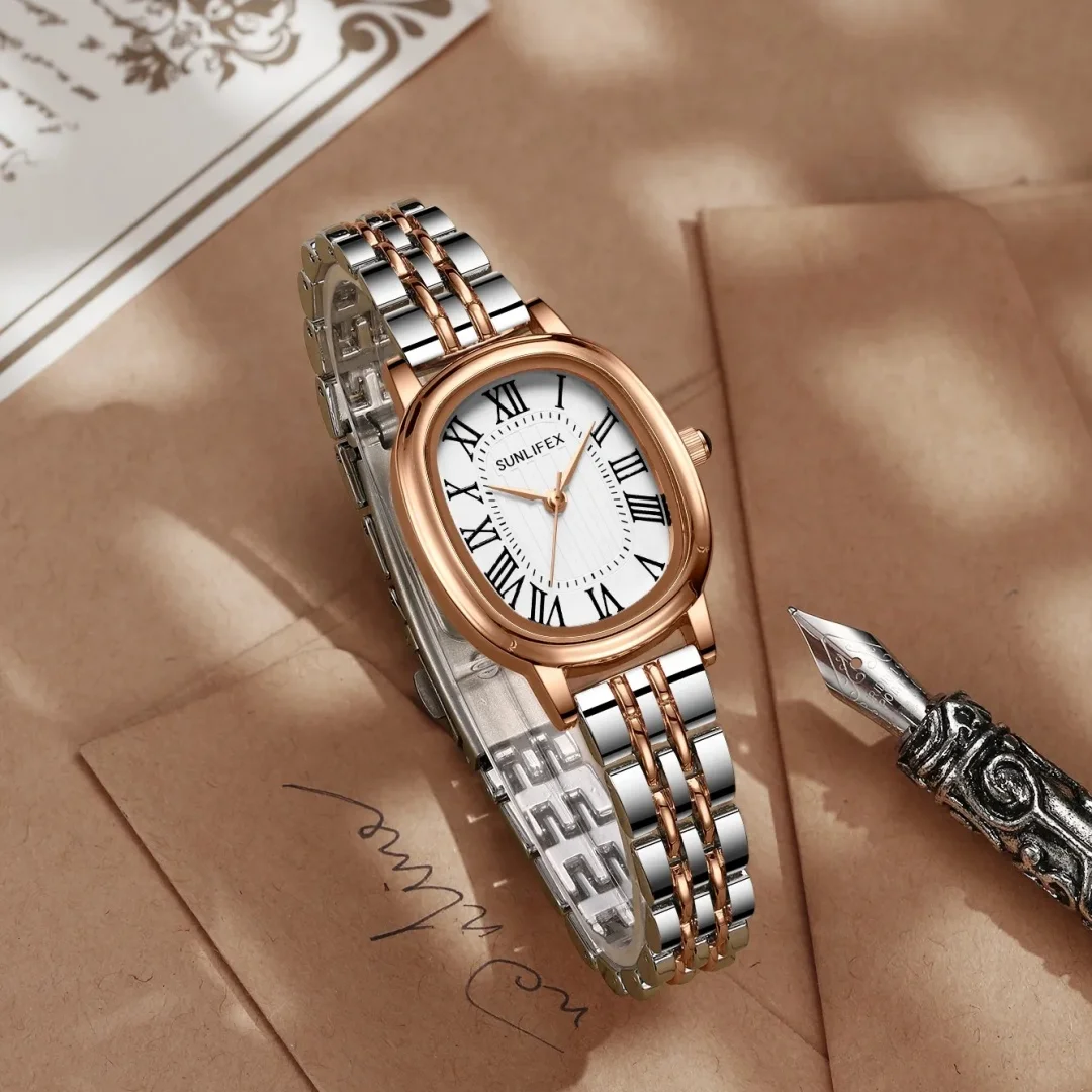 SUNLIFEX Oval Simple Women’s Watch Business Gold Silver Quartz Wristwatch Stainless Steel Folding Clock Elegant Dress Ladies Wa