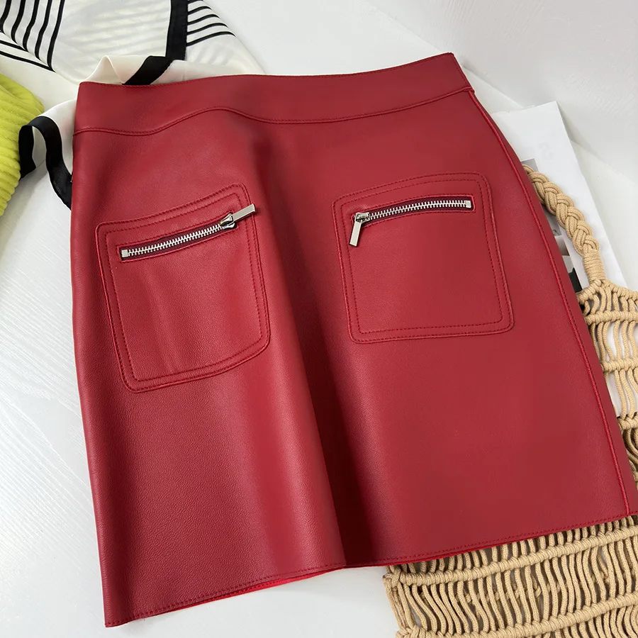 2023 Autumn Sweet Women's High Quality Pockets Genuine Leather High-rise Skirt F087