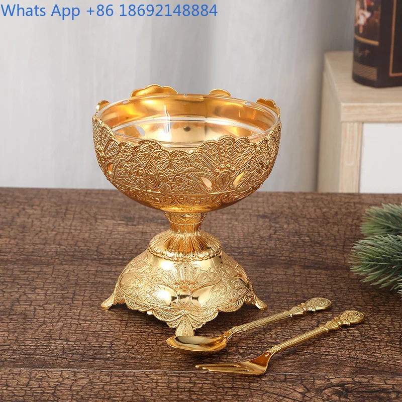 Fashion European Style Printed Metal Multi-Leg Ice Cream Bowl with Knife and Fork Glass Inner Salad Bowl