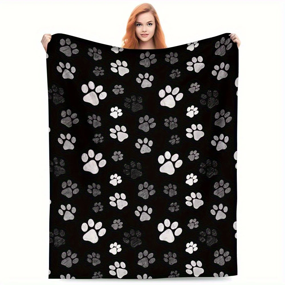 1pc Cozy Oversized Paw Print Flannel Blanket - Soft Durable, Machine Washable for Sofa Bed Camping Travel, Pet Lover Gift