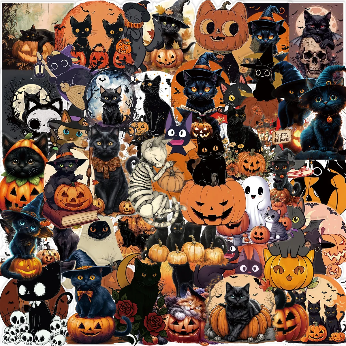 

50Pcs Halloween Black Cat Stickers DIY Toy Gift Graffiti Decal for Phone Luggage Laptop Scrapbook Waterproof