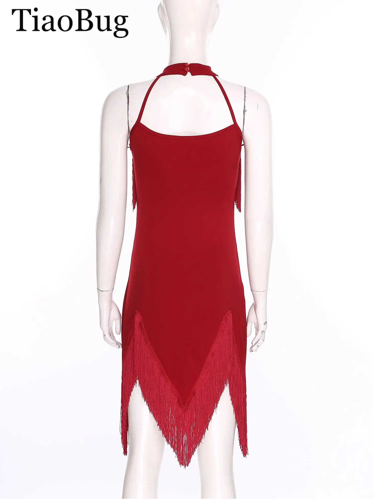 

Womens Latin Cha-Cha Dance Dress Halter Sleeveless Irregular Hem Tassel Dress with Safety Shorts Tango Salsa Ballroom Performanc