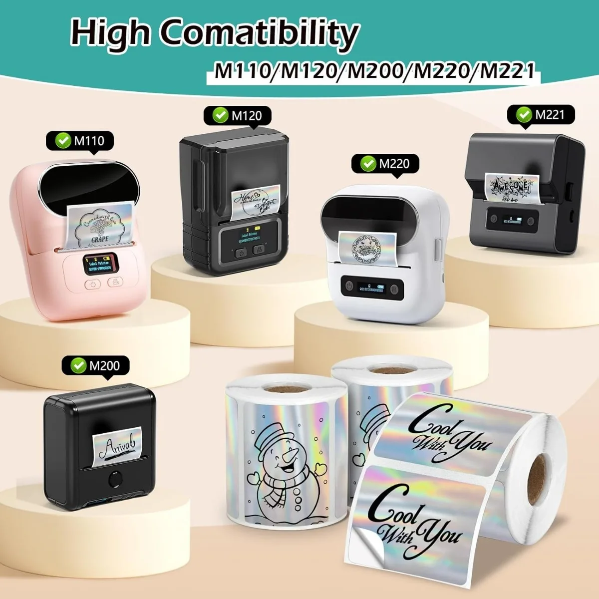 Holographic Thermal Labels 40x30mm Square Slim Sticker for Phomemo M110/M220/M120/M221, SUPVAN T50M PR0 Label Maker Printer