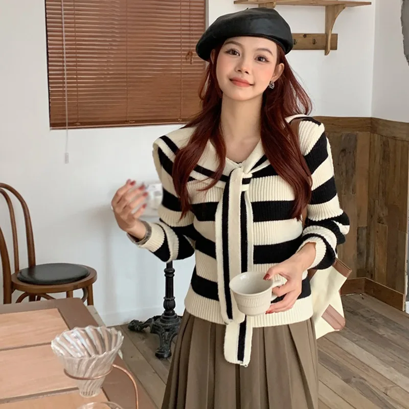 Women\'s Sweater Lace-ups Sweet Casual Knitted Long Sleeves Tops Stripe