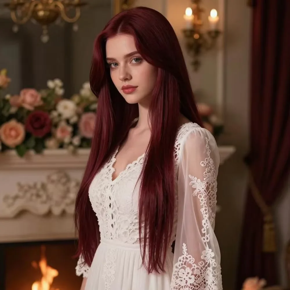 Perruques de cheveux humains lisses bordeaux 99J, cheveux brésiliens Remy, pré-épilées avec baby hair, sans colle, perruque frontale en dentelle HD transparente 13x6, cheveux colorés de 40 à 42 pouces de long, perruques en dentelle 13x4 pour femmes noires, usage quotidien et soirées.