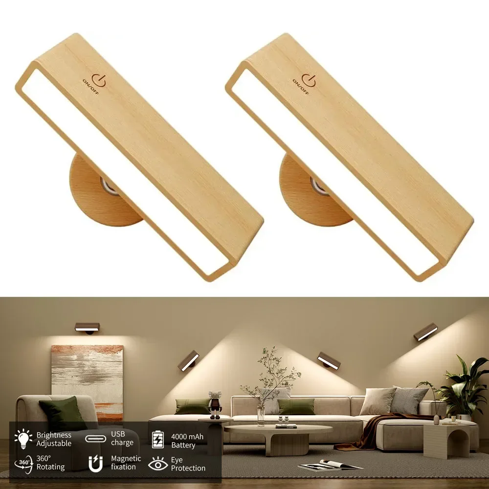 Nordic Wood Wall Lamp With 360 Rotation Dimmable  Sconce Magnetic For Bedroom Cordless  Mount Light  Reading