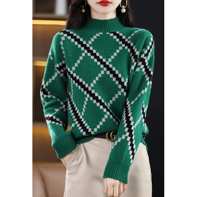 Women Chic Striped Fashion Loose Thick Sweaters Winter Long Sleeve Plaid Jacquard Woollen Sweater New Knitted O-neck Pullovers