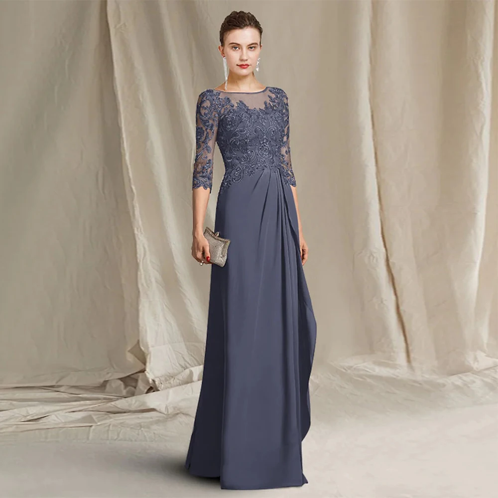 

Weilinsha Gray Wedding Party Dresses for Mother of Groom 3/4 Sleeves Applique Scoop A Line Chiffon The Bride Dress