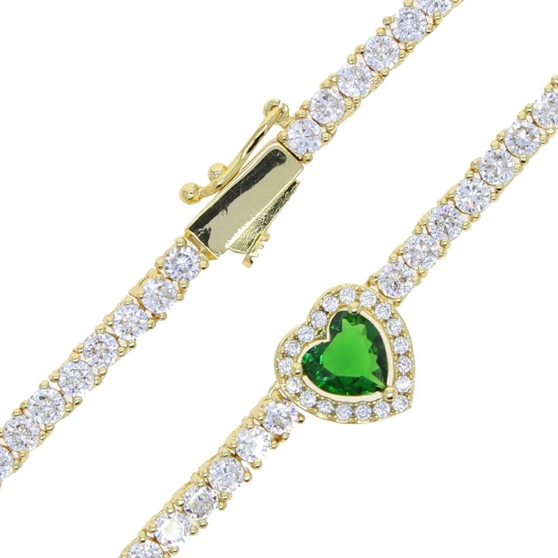 Red Blue Green Heart Charm 3mm 5A CZ Tennis Chain High Quality Iced Out Bling Women Choker Necklace