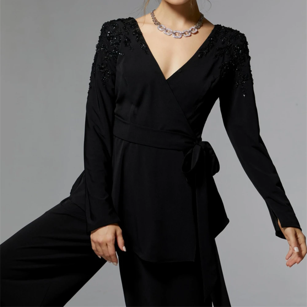 New Product V Neckline Long Sleeves Pant Suit Mother Of The Bride Dress Elegant Asymmetric Hemline Beaded  vestidos madre novia