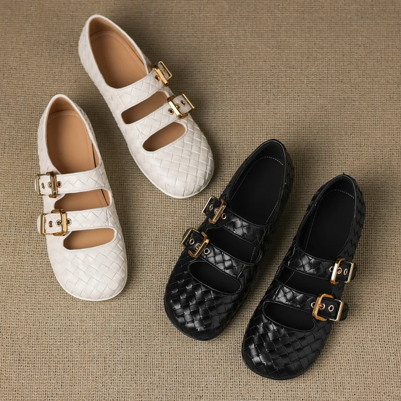 2025 new women's shoes woven cow belt buckle with round head, high height, low heel, flat bottom, shallow mouth large size shoes view 6