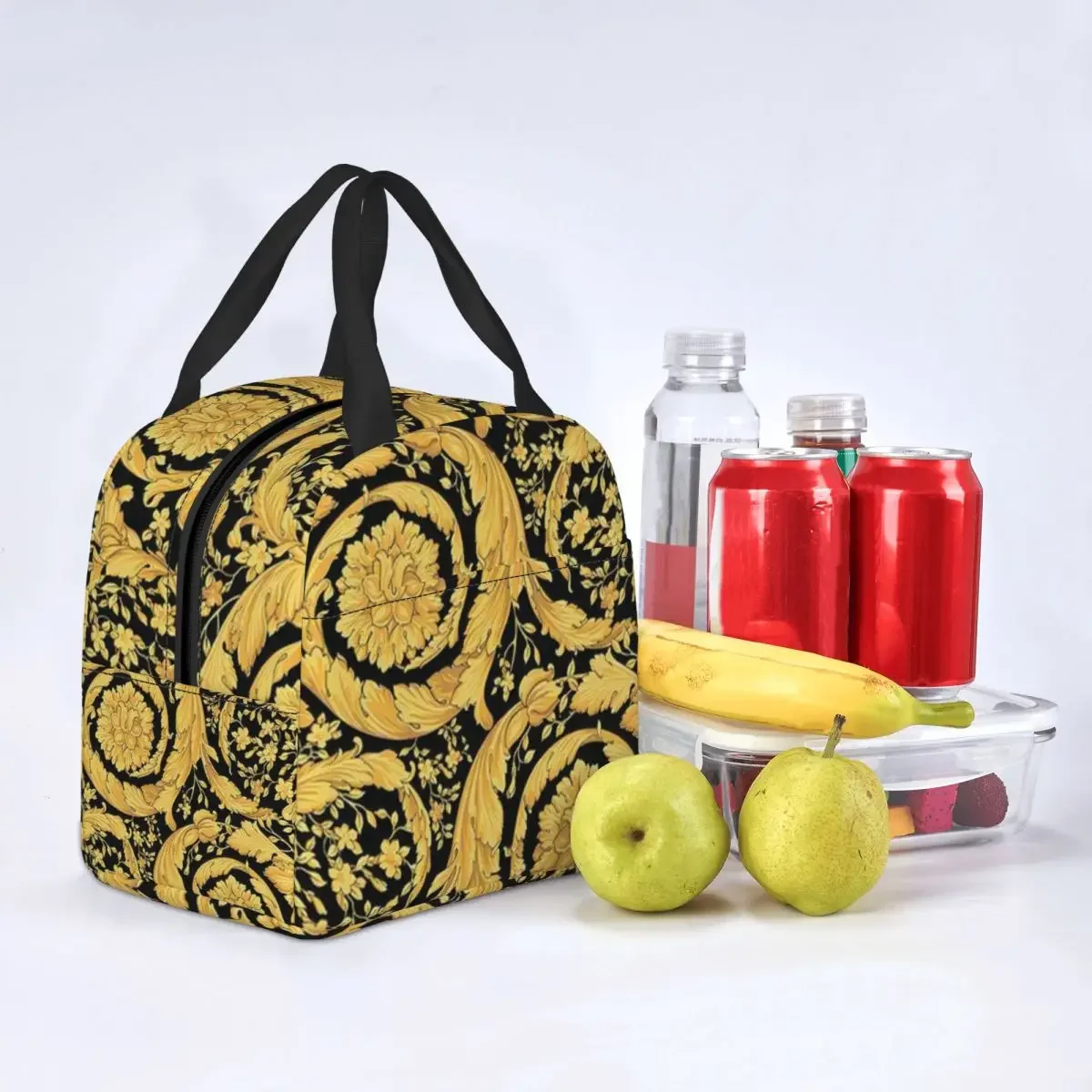 Black Gold Leaf Swirl Thermal Insulated Lunch Bags Reusable Food Bag Leakproof Tote Lunch Box Outdoor Pupil