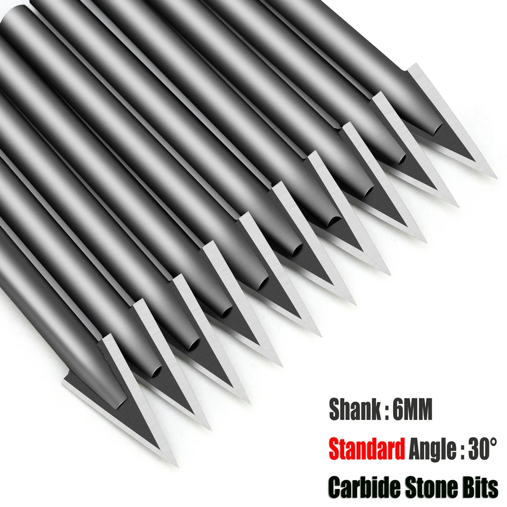 10PC 6MM 30 Standard Angle V Carbide Tools 2-Edge Stone Engraving Router Bits Set CNC Alloy Milling Cutters 3D Carving Lettering