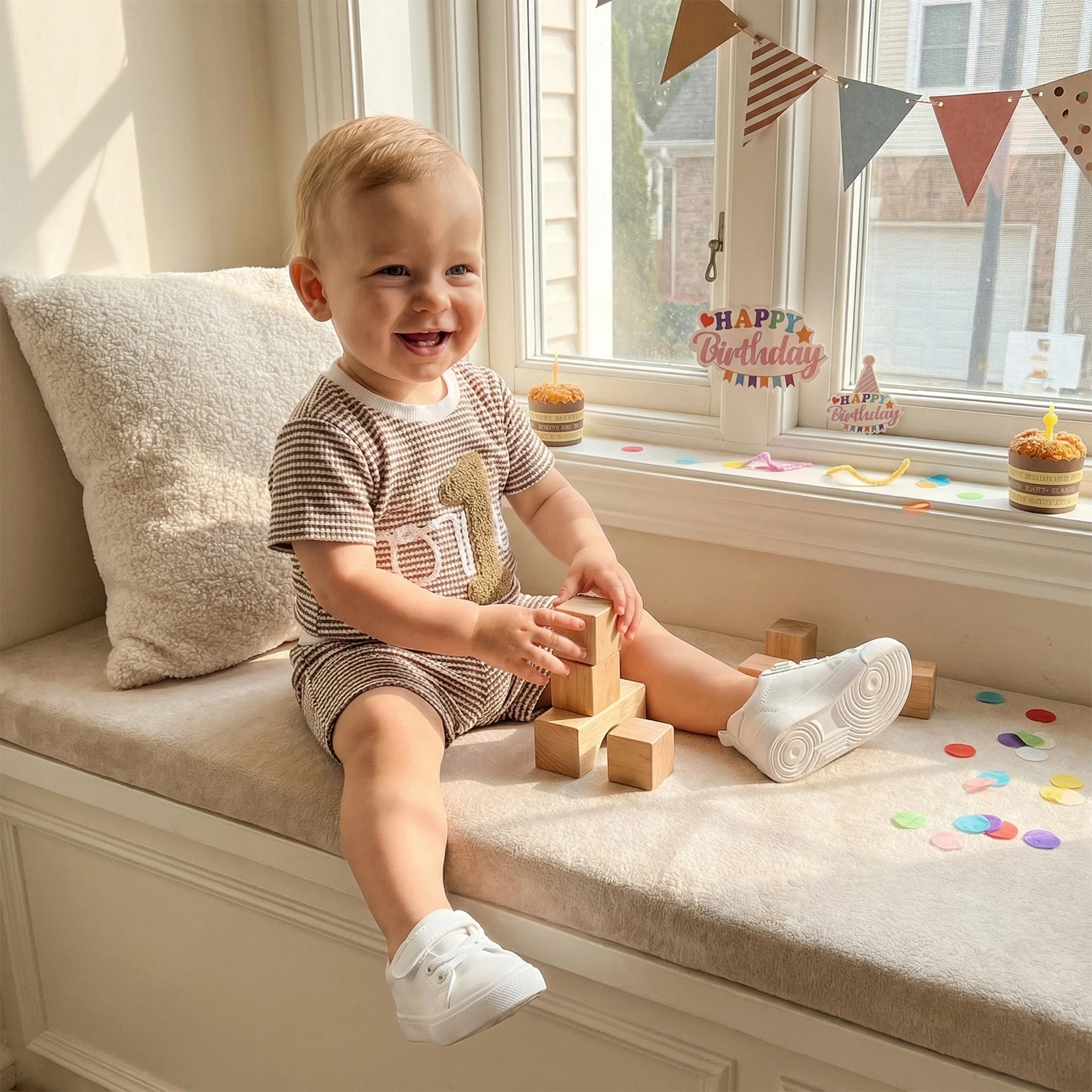 

Наряды на первый день рождения для маленьких мальчиков: очаровательный комплект из топа с короткими рукавами и круглым вырезом с вышивкой в виде цифр и полосками, и шорт.