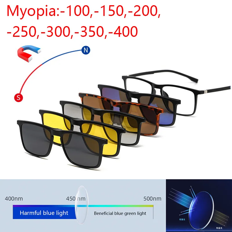 แว่นกันแดดโพลาไรซ์ 6 in 1 สำหรับสายตาสั้น ผู้ชาย ผู้หญิง แบบแม่เหล็กคลิปออน แว่นตา TR90 กรอบใสสำหรับใส่เลนส์สายตา
