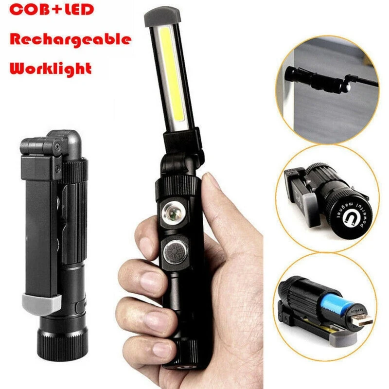 USB Rechargeable Car Inspection Lamp COB LED Magnetic Flashlight 360 Degree Foldable Flexible Work Light